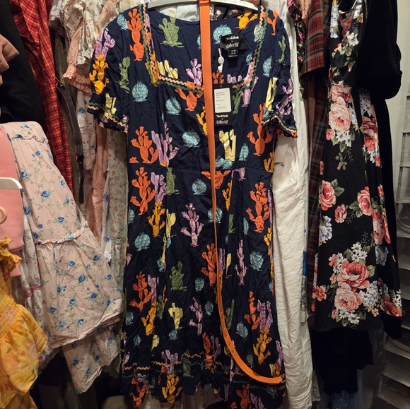 Navy And Orange Catus Print Dress Modcloth X Collectif Us 14 - Picture 3 of 9